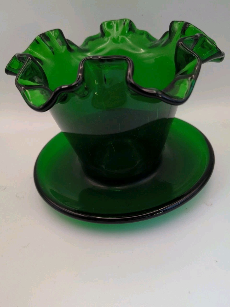 Vintage Fenton Forest Green Glass Ruffled Flower Pot Planter Attached Saucer
