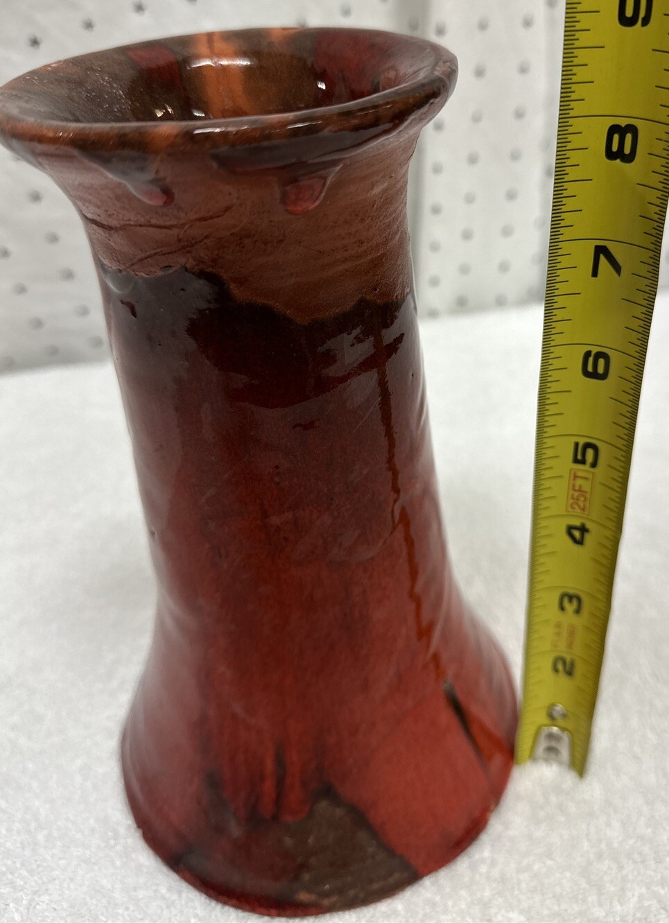 Vintage Hand Thrown Clay Art Pottery Vase Red Black Glaze 8.5” signed Unknown