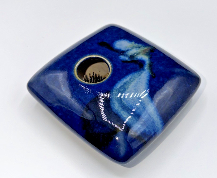 Georgetown Pottery Ikebana Vase Blue Square Shape Signed Spike Flower Frog 5×5
