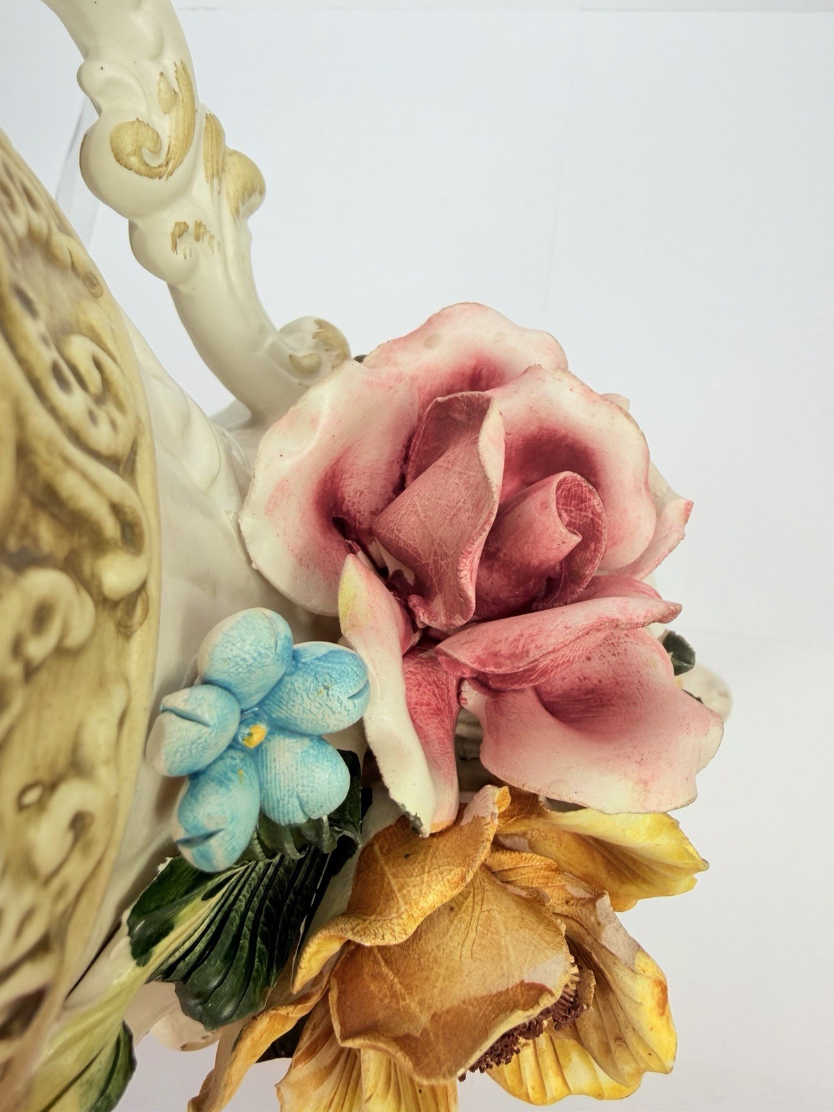 VINTAGE CAPODIMONTE DOUBLE HANDLE FOOTED VASE 10” ROSES Pink and Yellow