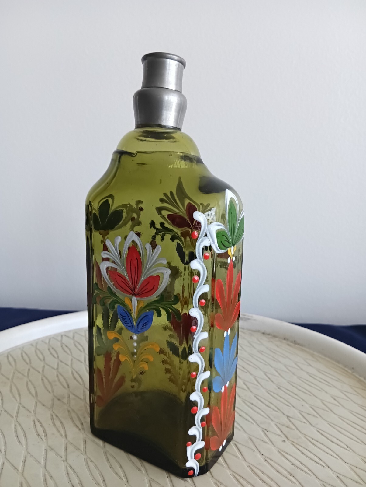 Vintage Blown Green Glass Reproduction Hand Painted Enamel Bottle w/ Pewter Top