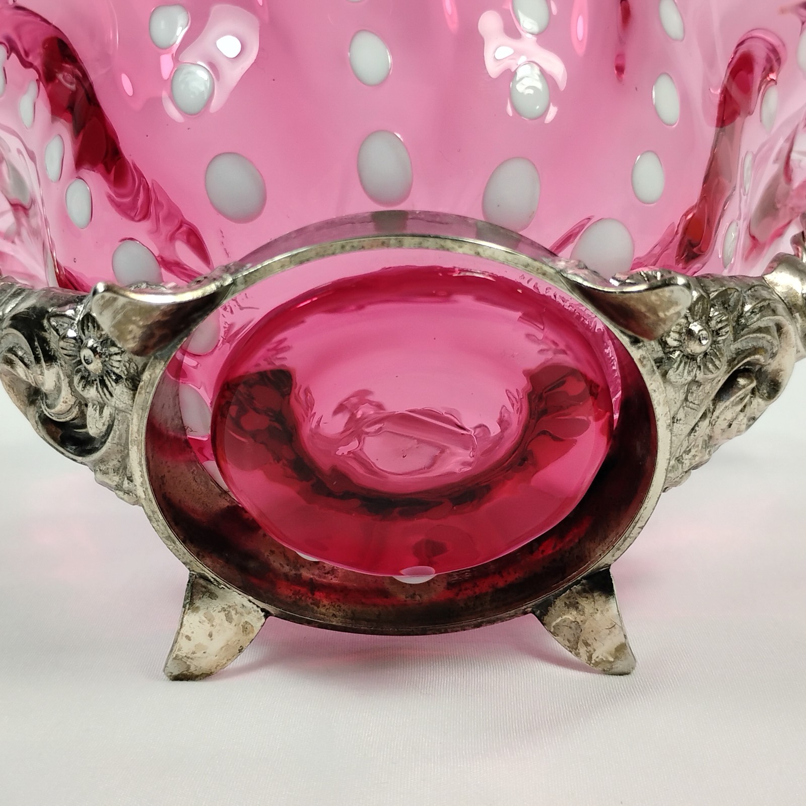 Cranberry Opalescent Polka Dot Blown Glass Basket Silver Plate Holder Ruffled