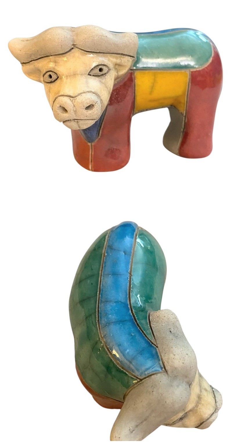South Africa Art Pottery Raku Mini Blue Stripe Buffalo 4” Animal Handmade Signed