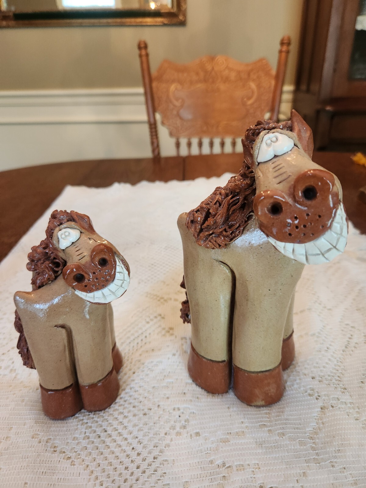Pair of Appalachian Folk Art Humorous Horses Handmade Pottery Figurines by Hicks