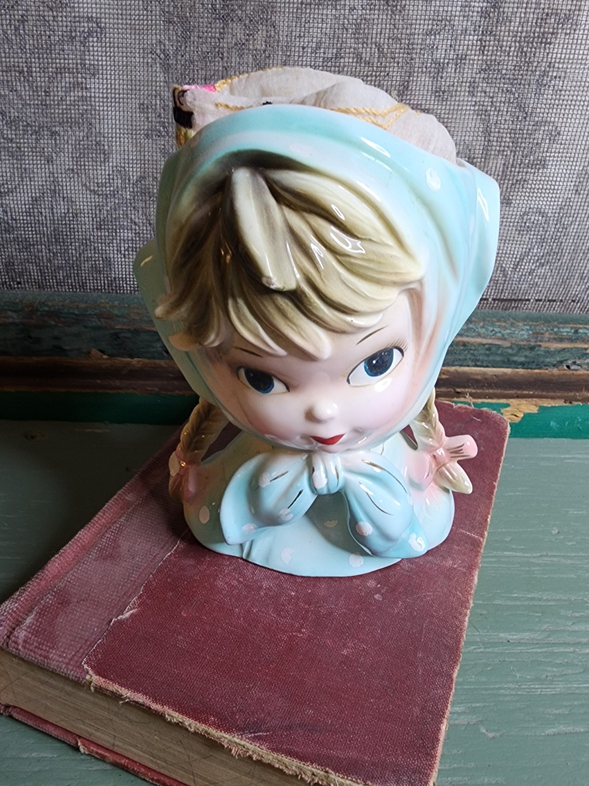 Vintage Braids Pigtails Blue Polka Dot Blonde Girl Head Vase Planter READ DETAIL