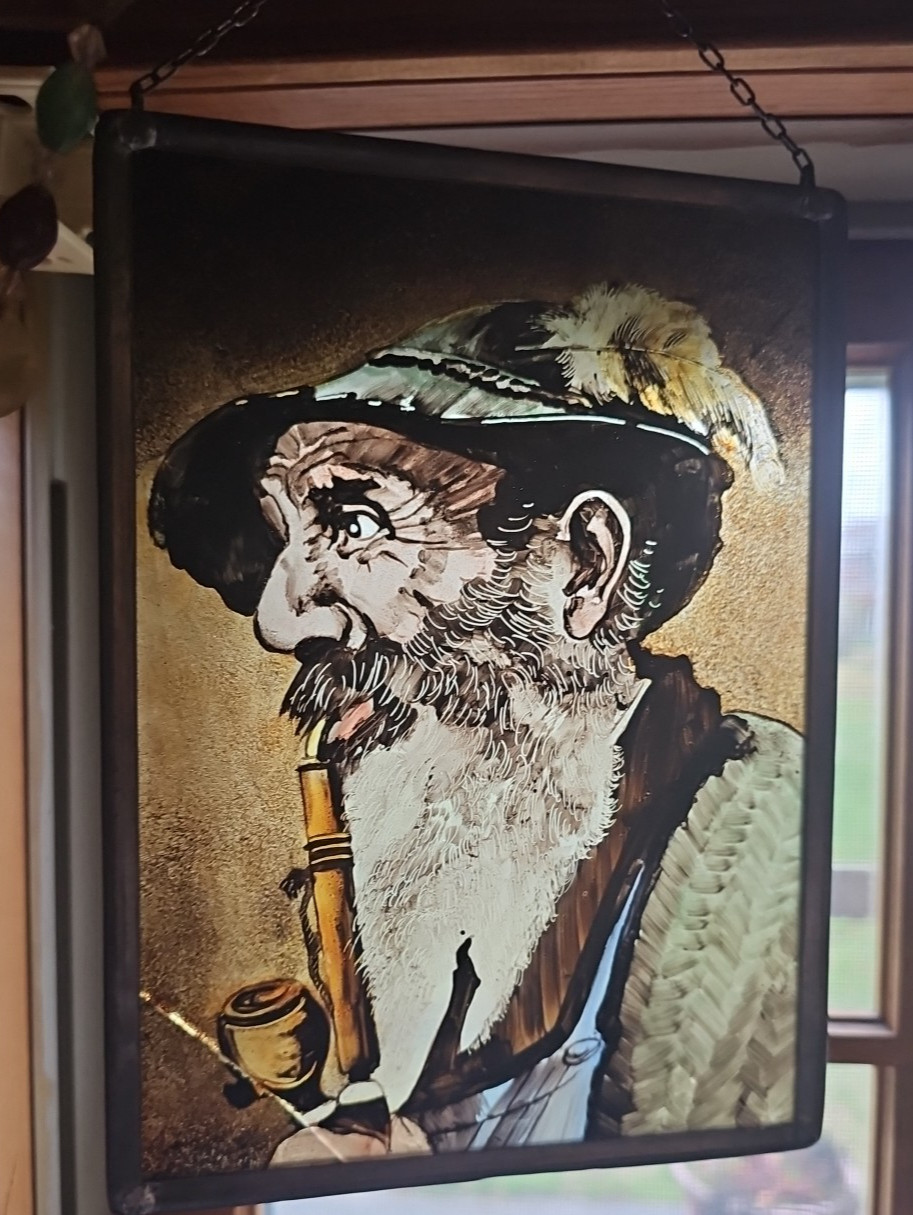 Vintage Painted Glass Picture Suncatcher w/Chain Bavarian Man Smoking Pipe