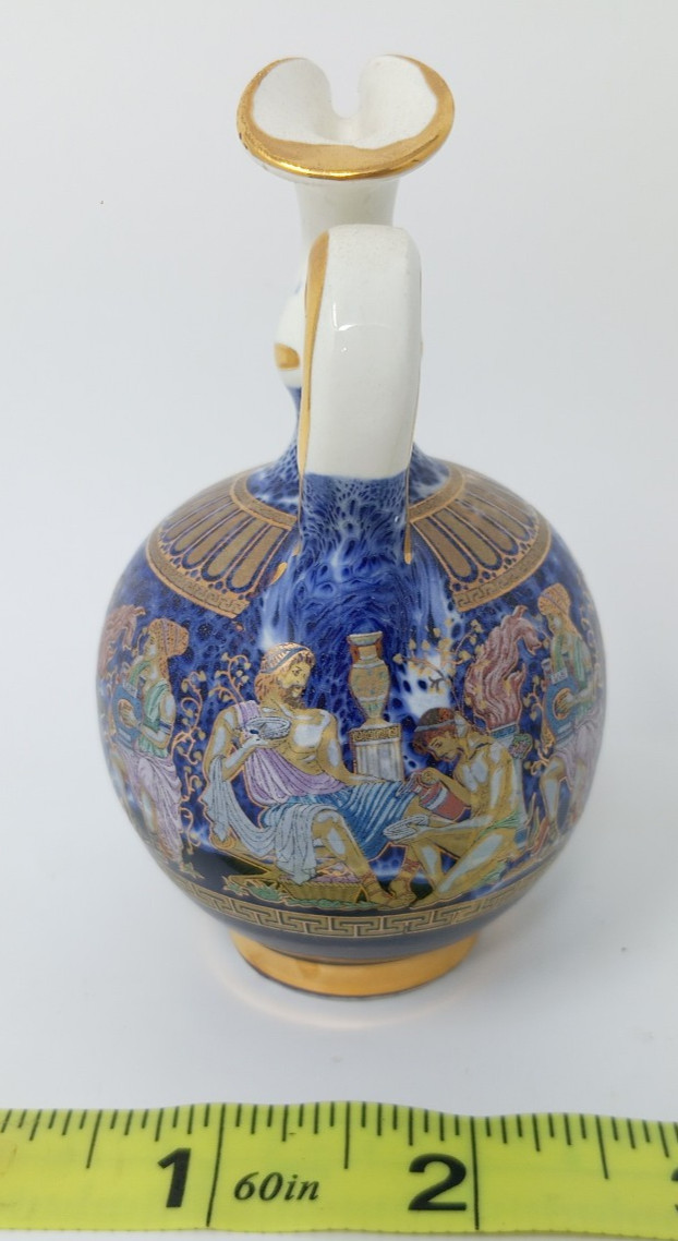 A. Roussi White and Blue Ceramic Vase Urn w/ 24k Gold Leaf Hand-Made In Greece