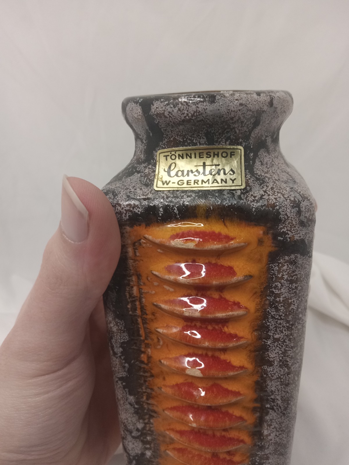 Vintage MCM Carstens Tonnieshof Ceramic Orange Black Lava 6″ Vase West Germany