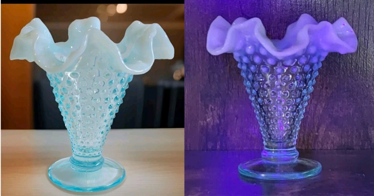 Fenton Opalescent Aqua Blue Hobnail Ruffled 3-3/4″ Vase Excellent Condition