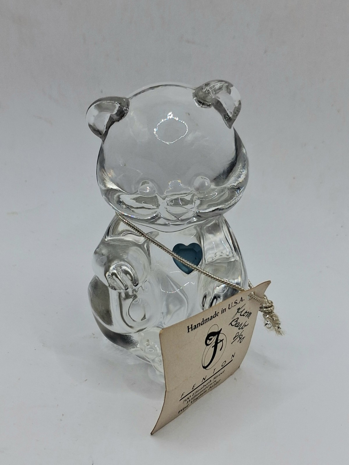 Vintage Fenton Art Glass Clear March Birthday Bear Figurine w/Blue Heart