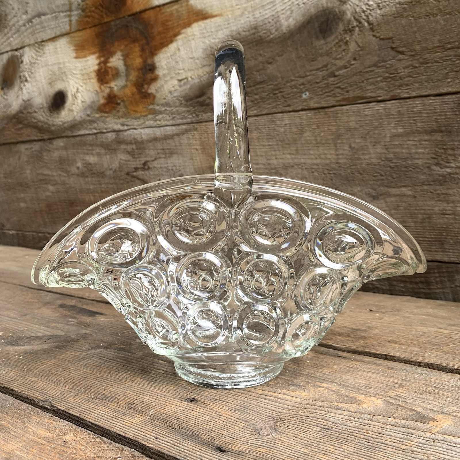 Glass Basket Clear Bowl Vase Thousand Eye by Smith Glass 11” Long Vtg Grannycore