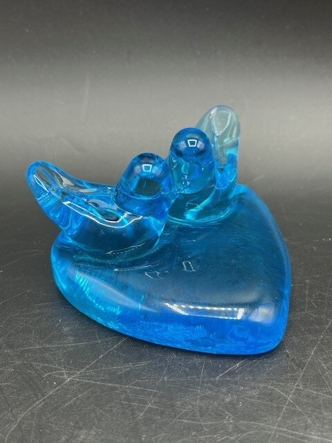 VTG Bluebirds Of Happiness Heart Pair Signed 1992 Ron Ray Glass Figurine MCM