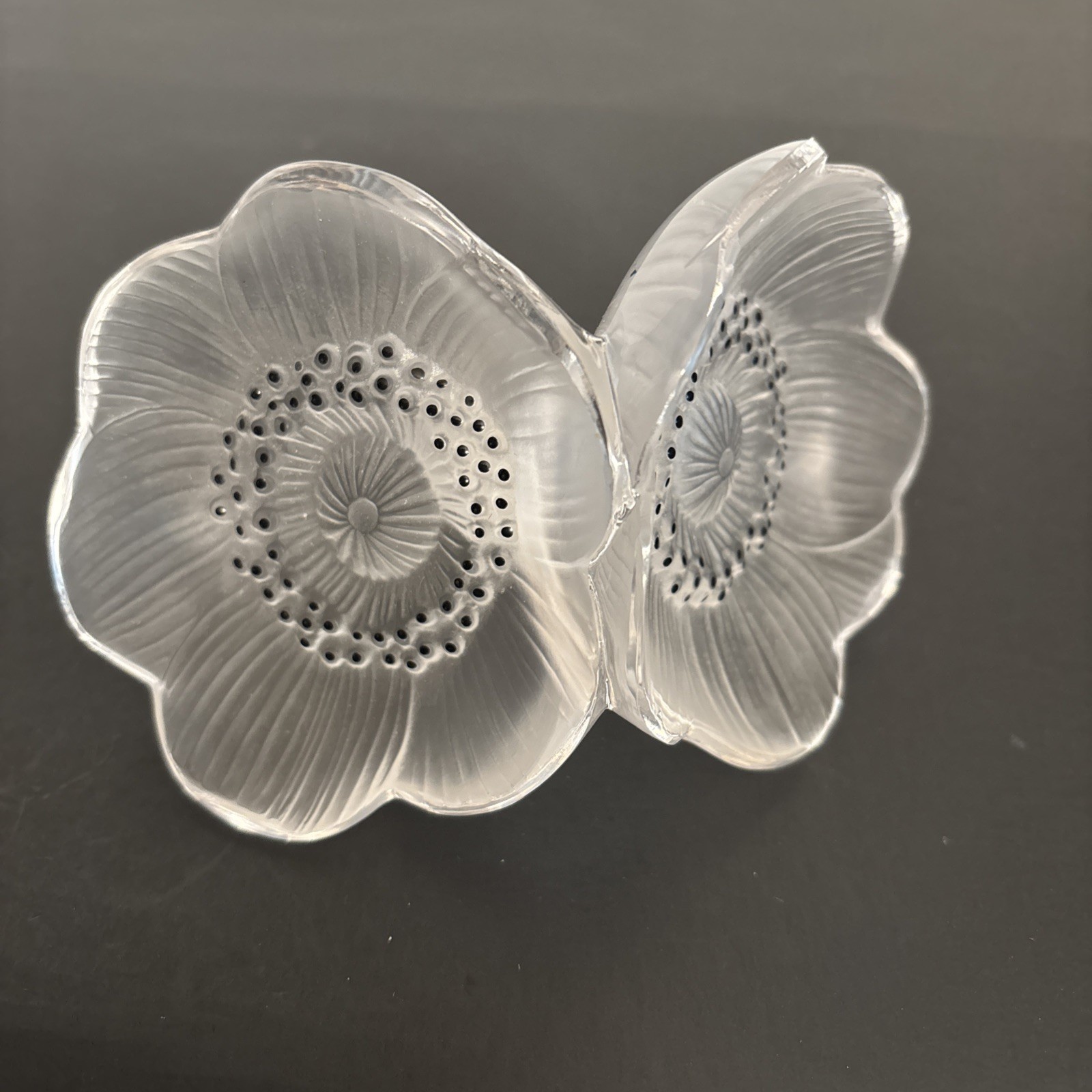 Lalique Crystal Anemone Double Flower Paperweight, Perfume Stopper Signed, 5″ T