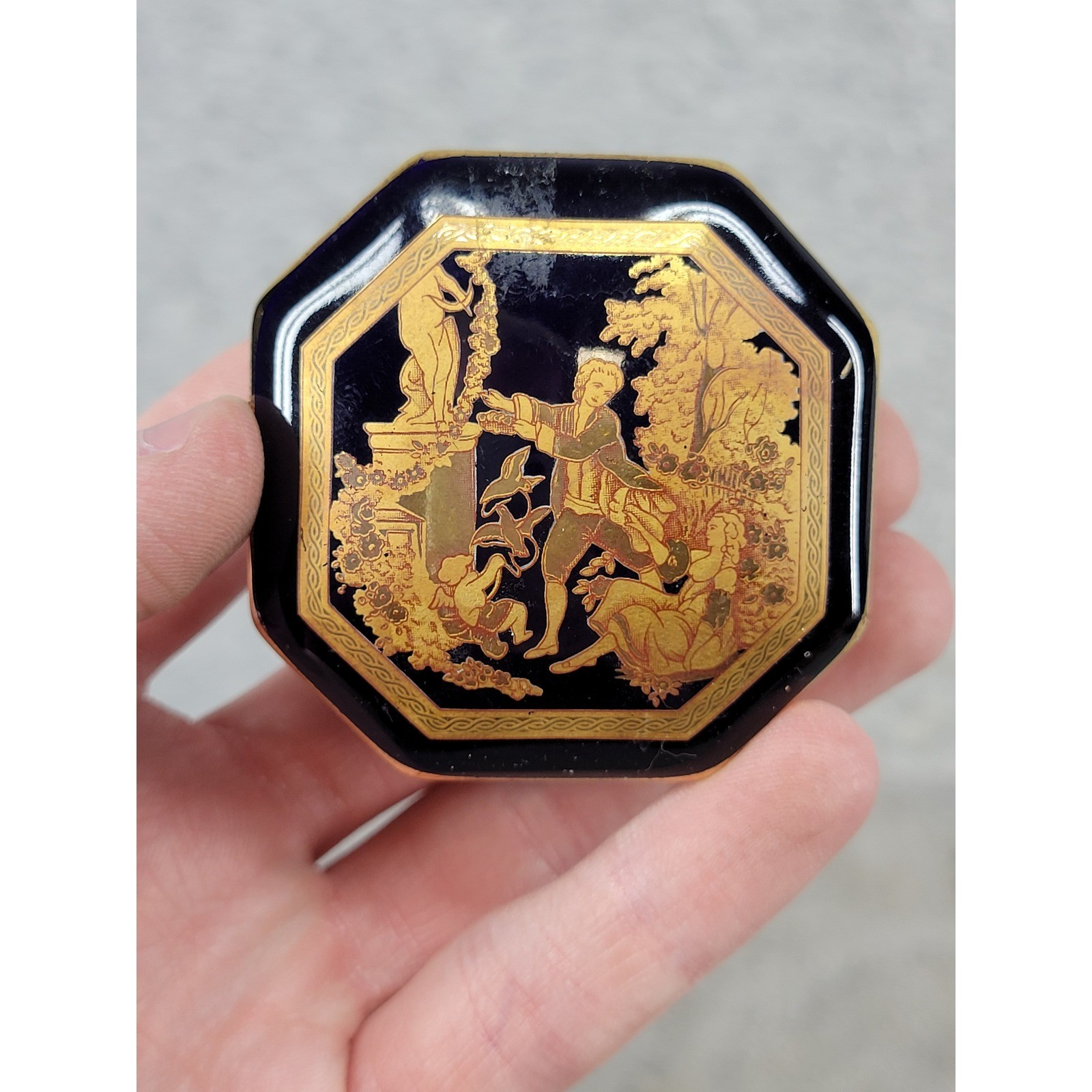 Limoges Castel France Cobalt Blue 22k Gold Courting Couple Octagon Trinket Box