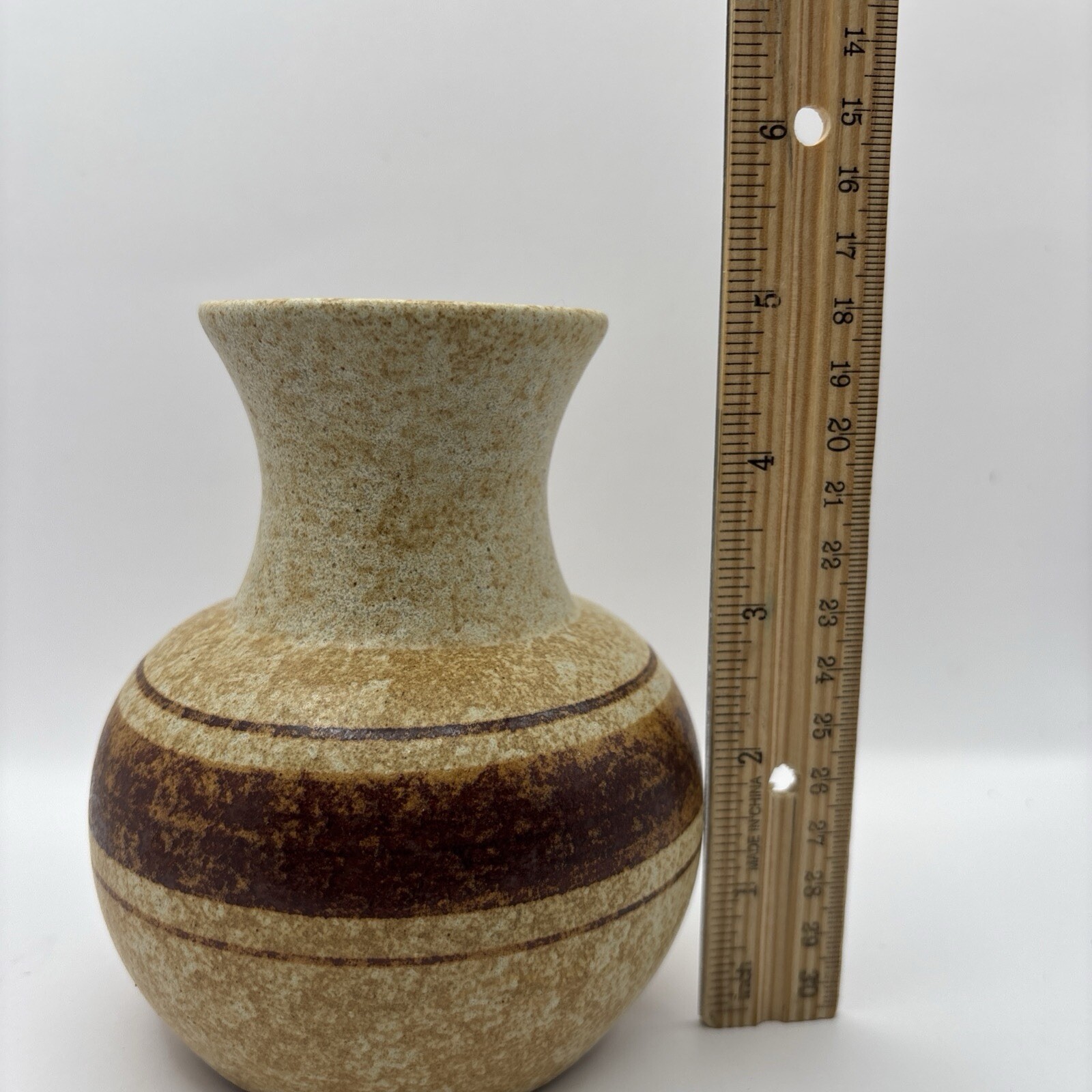 Vintage Pottery Craft USA Brown Tan Striped Vase~5 Inch