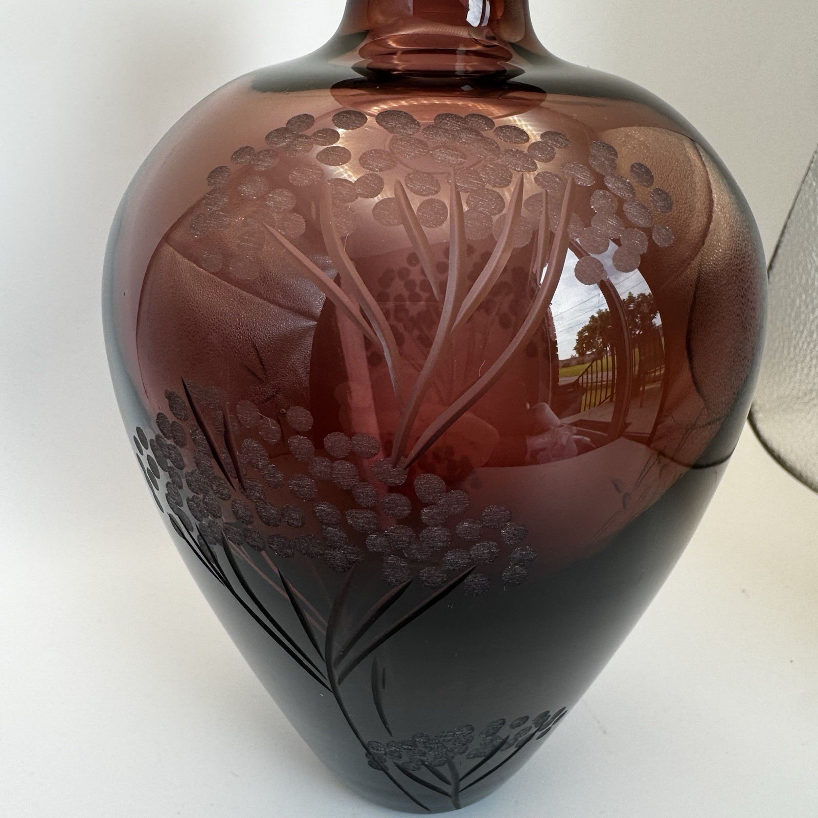 Hand Blown Ruby Red Vase Etched Trees & Dragonfly 8”