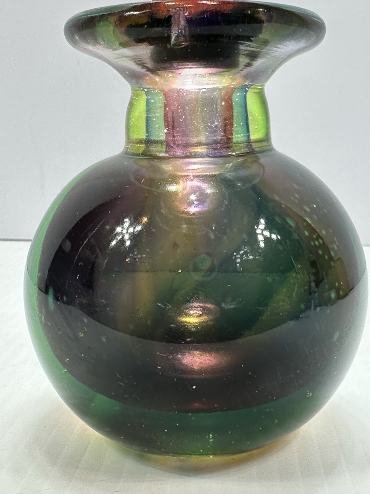 Heavy Ball Art Glass Bud Vase Green Outside Purple Inside 4.5 Inches Tall