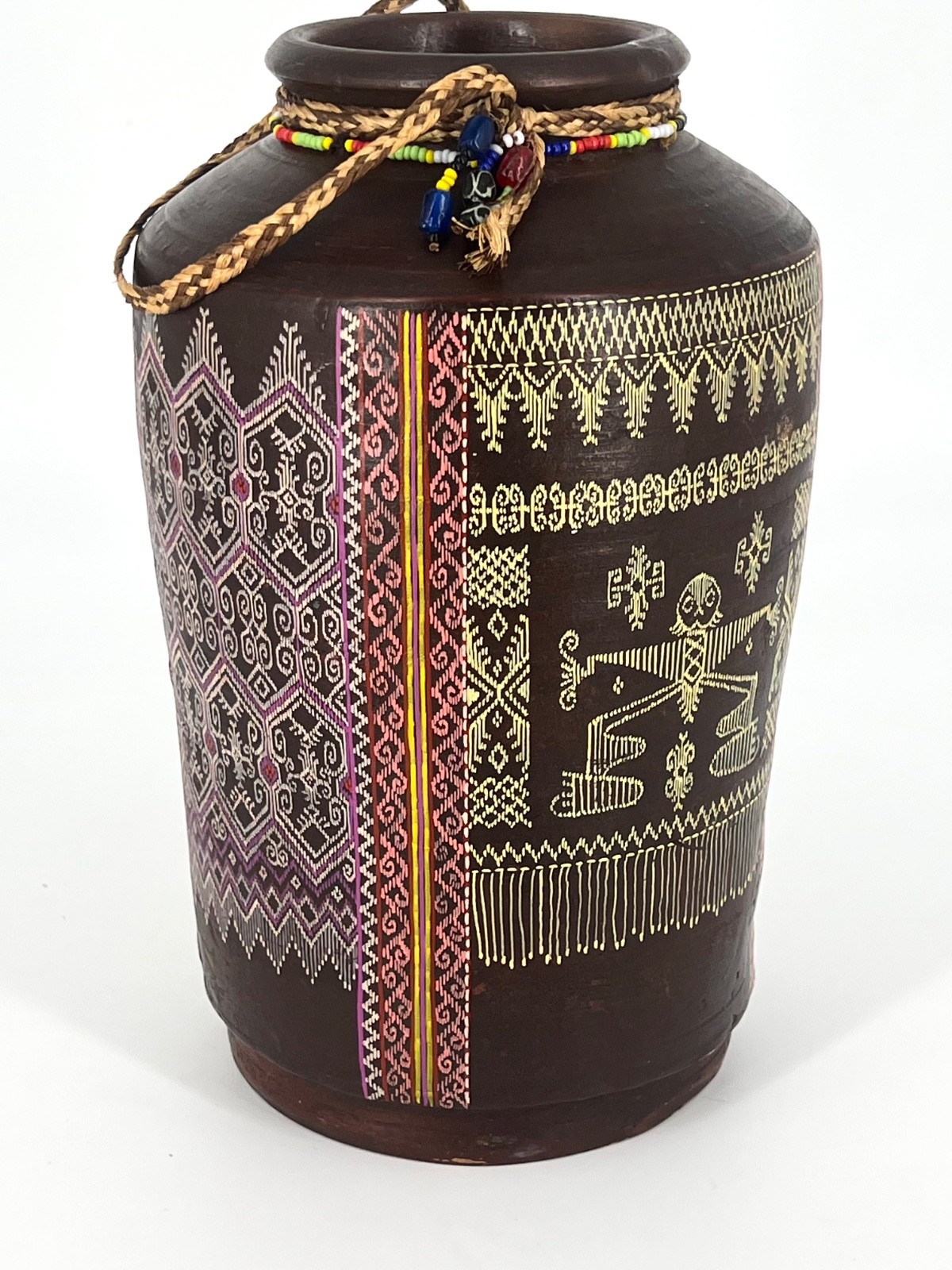 Vintage Large Vase Jug Traditional Indiginous Pottery Mandaya Lumad Brown Pink