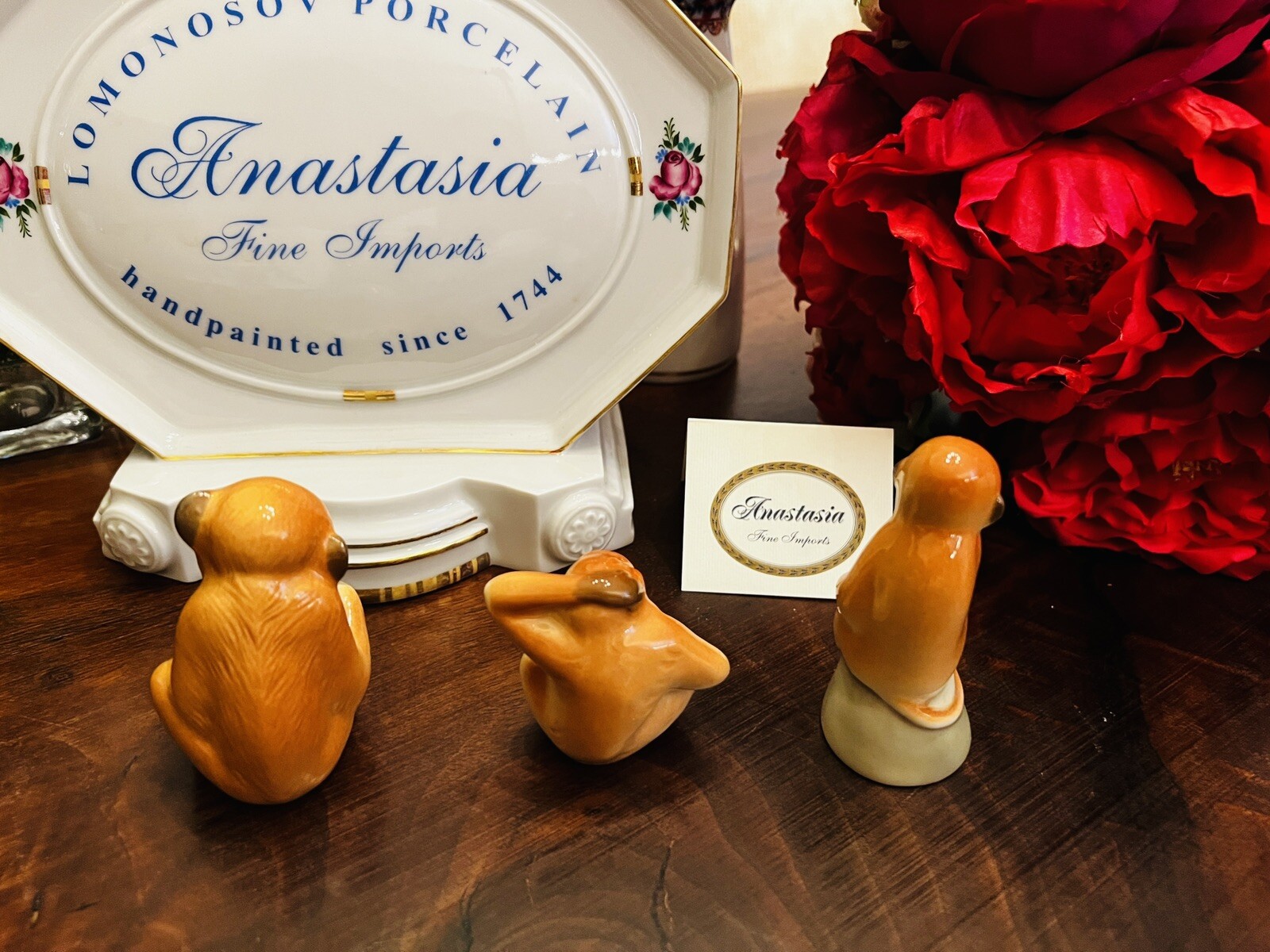 Lomonosov MONKEYS Figurine Set 3″ LOMONOSOV LFZ New Russian Porcelain Tan MONKEY