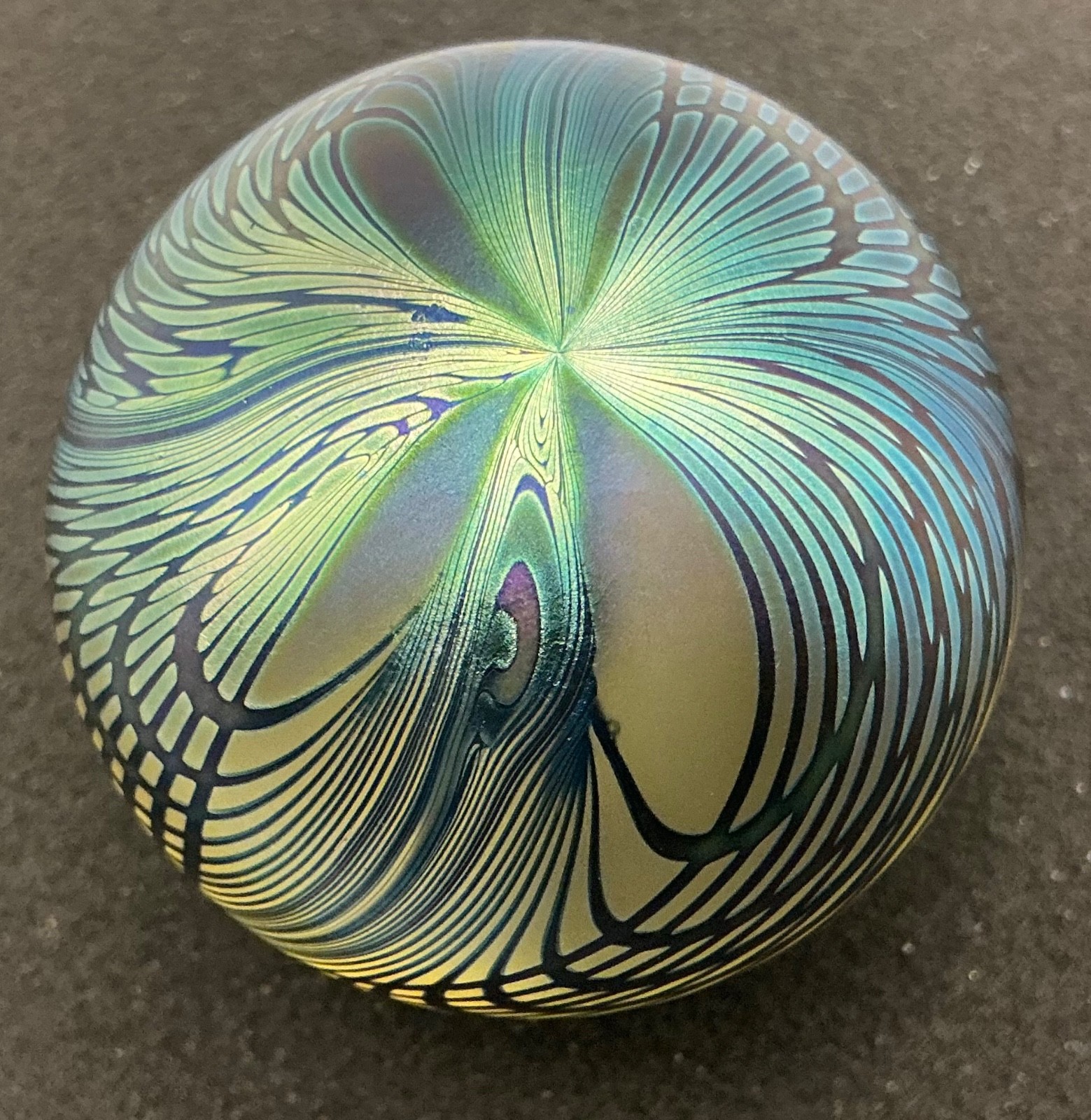 David Lotton Art Glass Iridescent Paperweight Swirls Blue/Green 1984-Signed