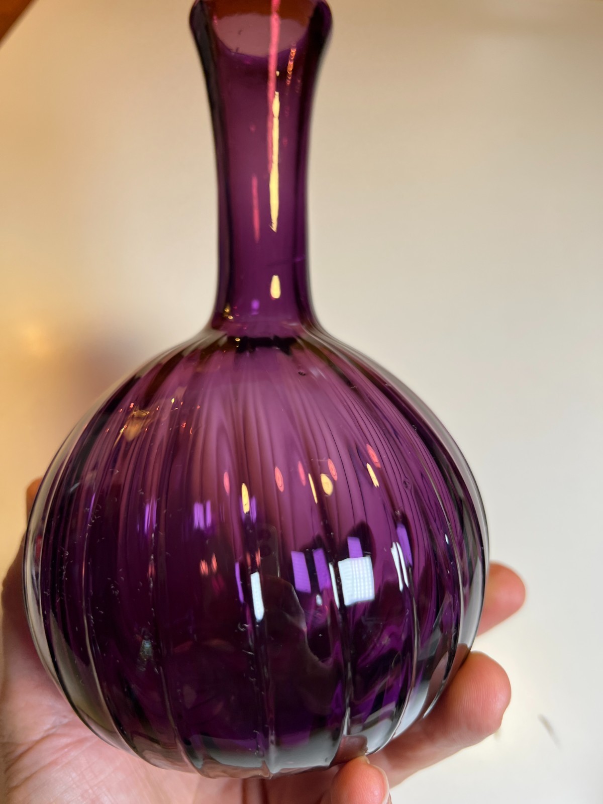 Vintage MFA BOSTON Hand Blown Amethyst Purple Art Glass Vase Ribbed Melon Onion