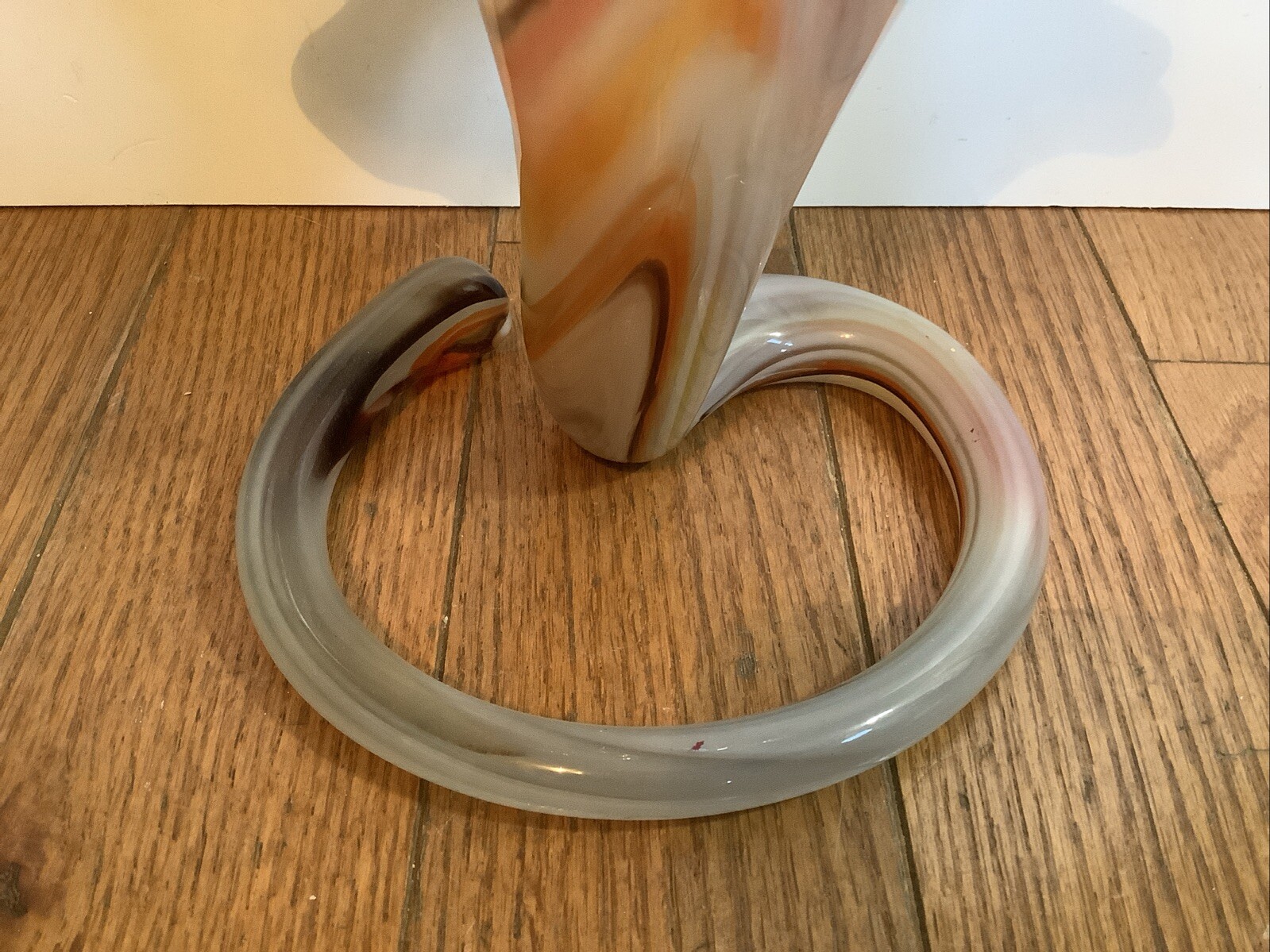 Vintage Hand Blown Orange And Yellow Art Glass Swirl Twisted Stem Vase MCM