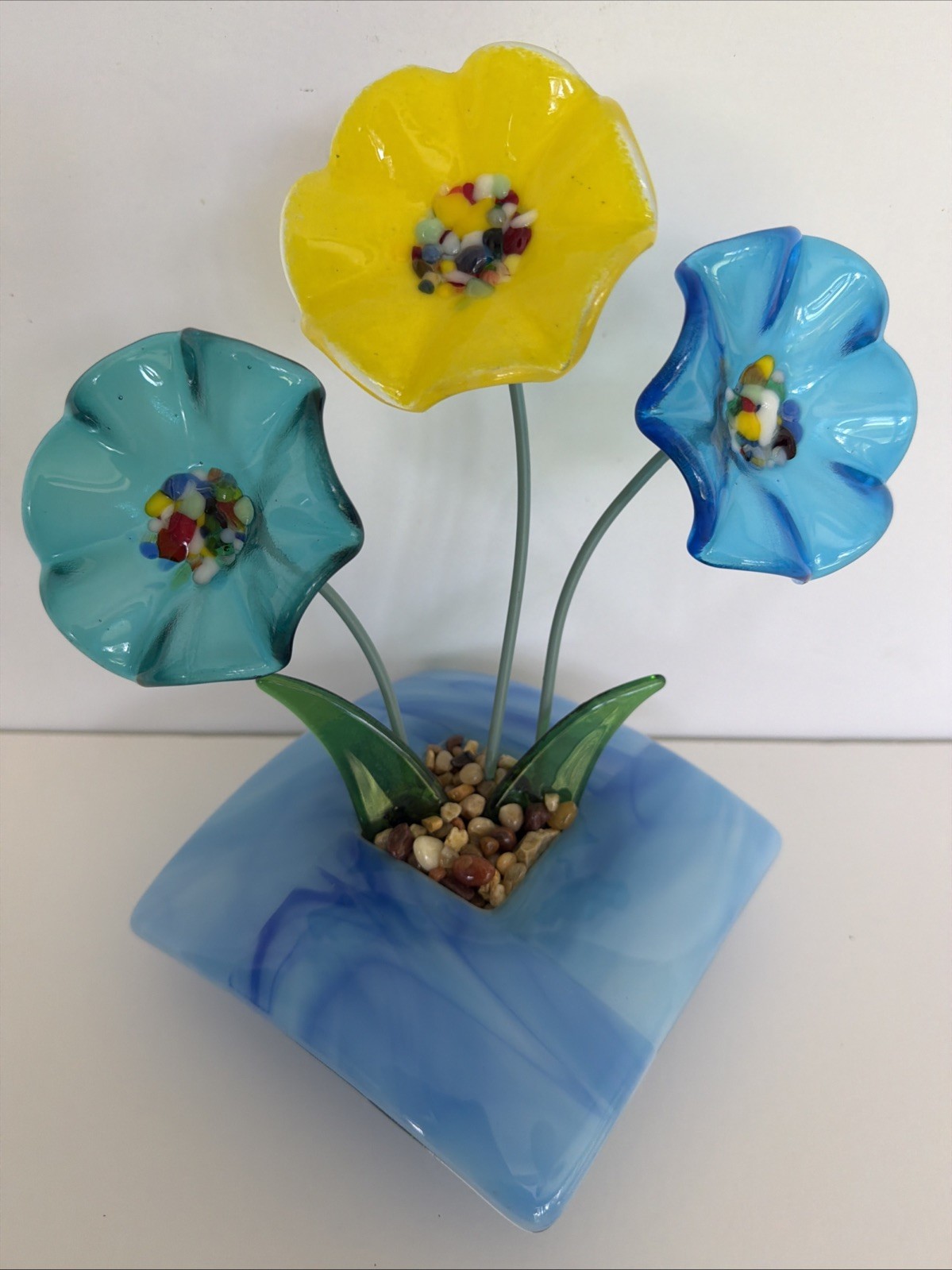 Contemporary Fused Glass Flowers Sculpture w/ Ikebana Style Vase~ Forever Spring