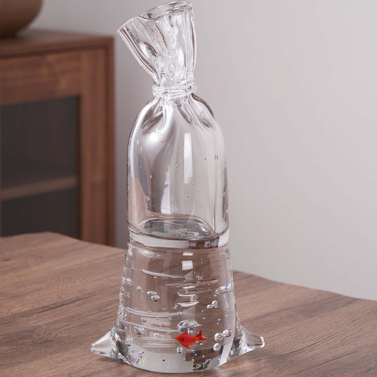 Decorative Glass Water Bag Sculpture with Red Fish
