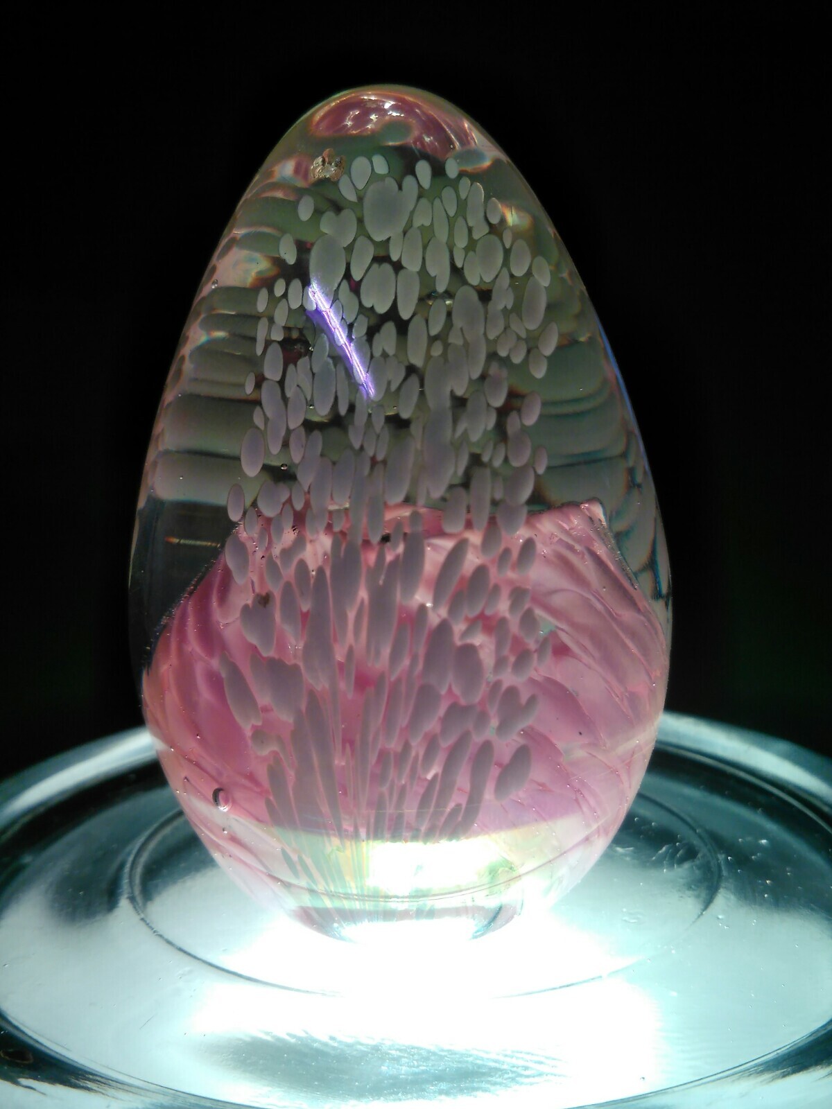 ART GLASS EGG PAPERWEIGHT PINK, WHITE, AND CLEAR