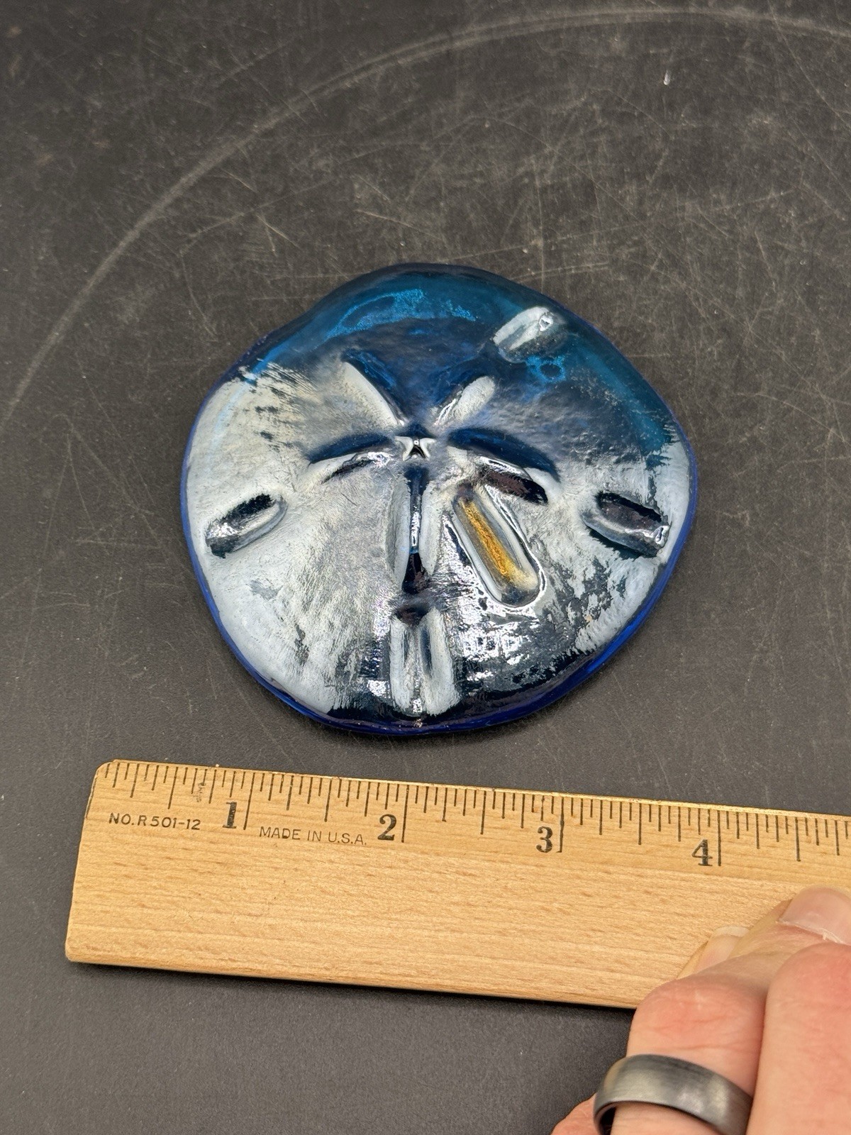 Vintage Iridescent Blue Glass “Sand Dollar” Paperweight