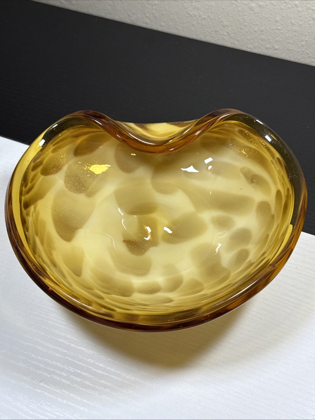 VTG Murano Italy Art Glass Bowl Aventurine Tutti Frutti Polished Base 7.5”