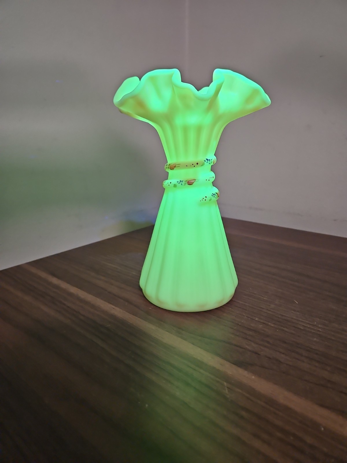 Fenton Burmese Satin Hand Painted Wheat Vase Special Order 1994 GLOWS!!!! W375