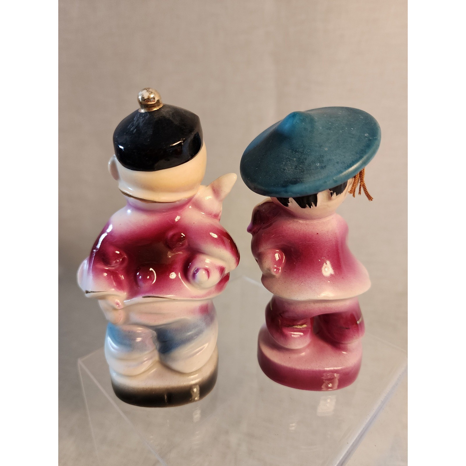 Kitschy Asian Boy and Girl Figurines with Bunny Rabbit and Puppy Dog, Set of 2