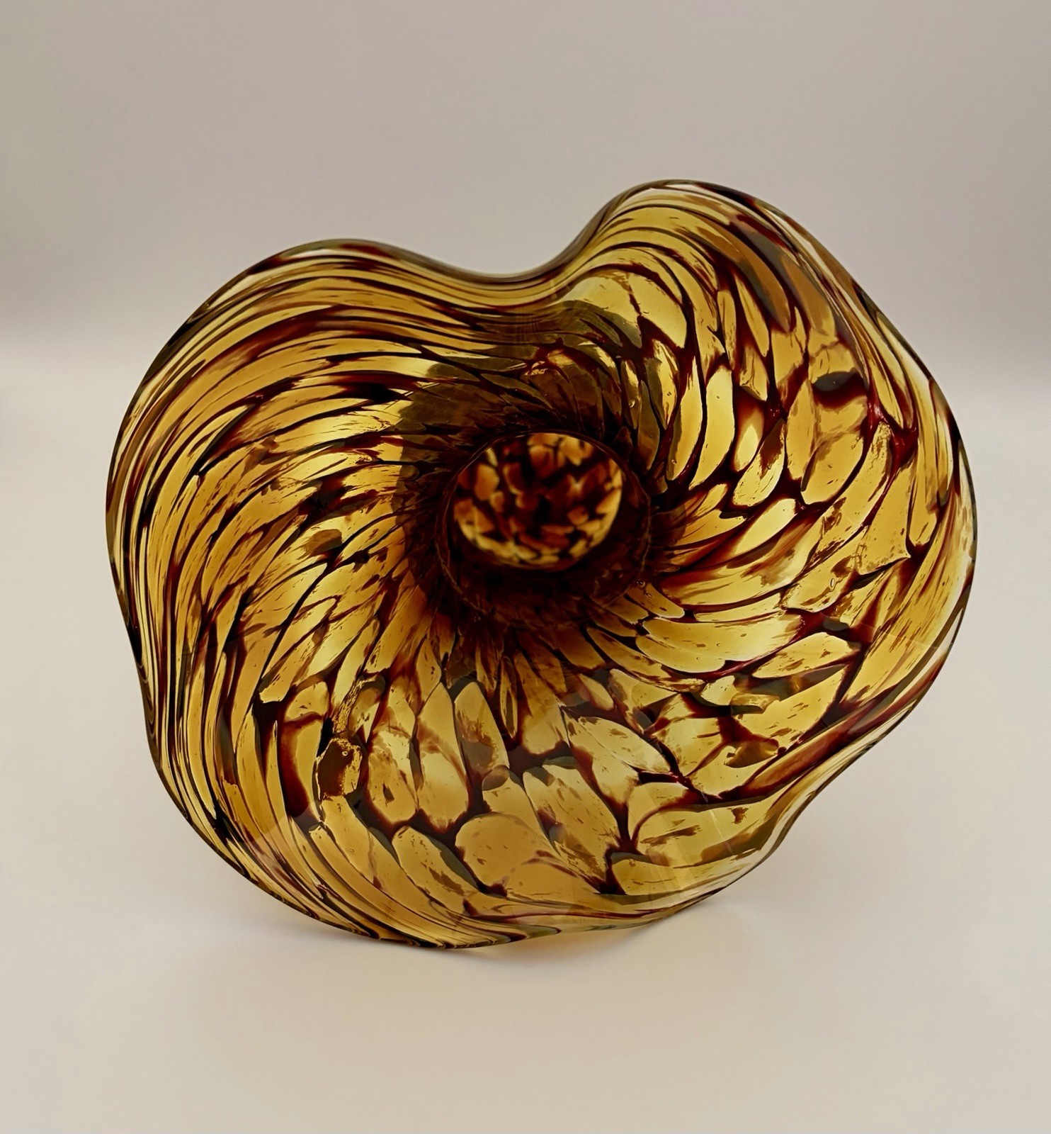 Hand Blown Feathered Art Glass Sculpture Vase Amber Brown Ruffled Art