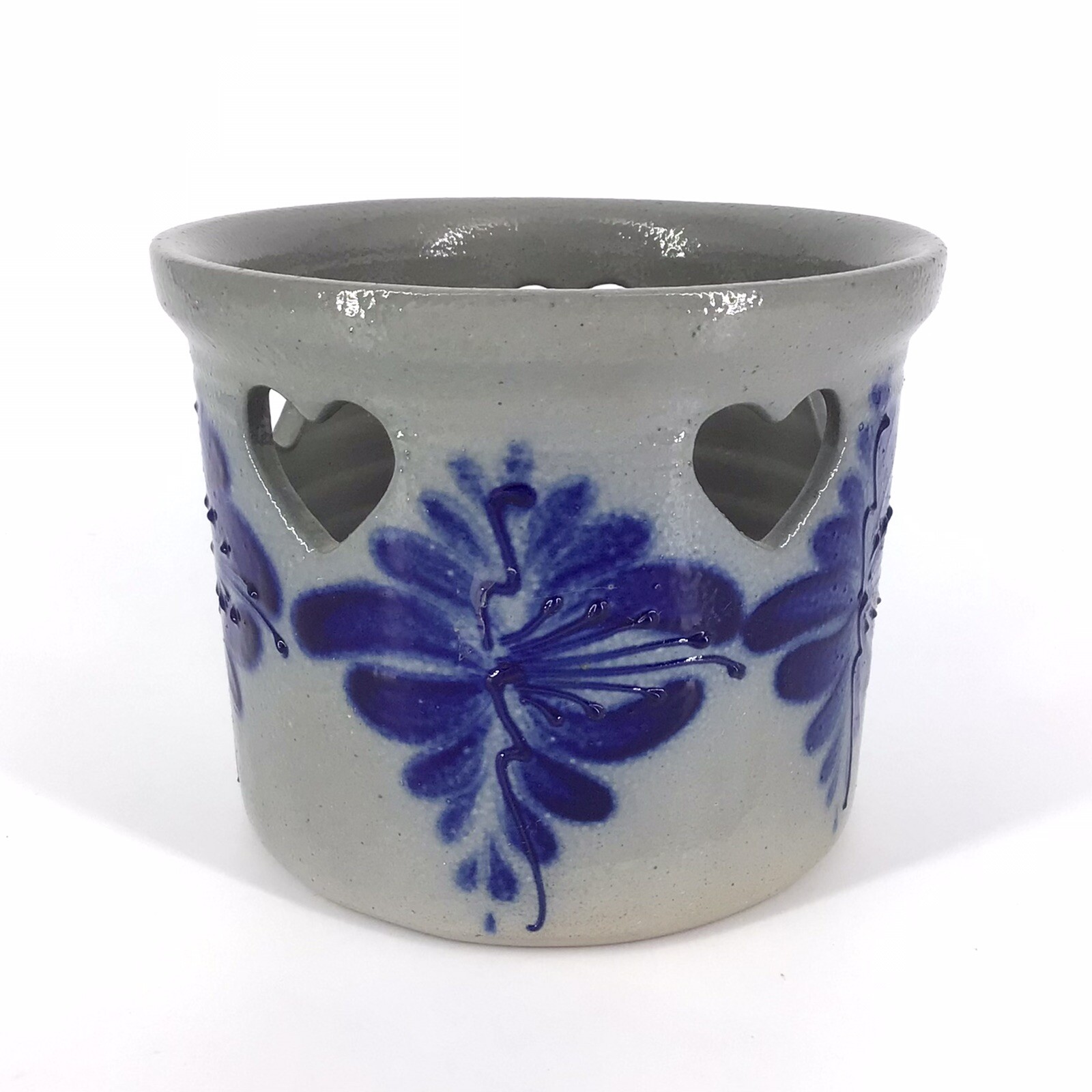 Eldreth Pottery Luminary Candle Crock Salt Glaze Heart Cut Outs 1996 Vintage 001