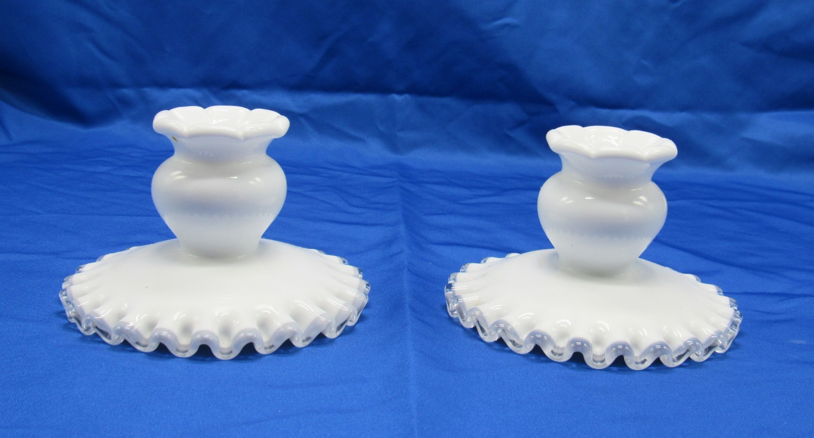 VTG Pair Fenton Silver Crest Candle Holders – Multi Purpose – White Milk Glass