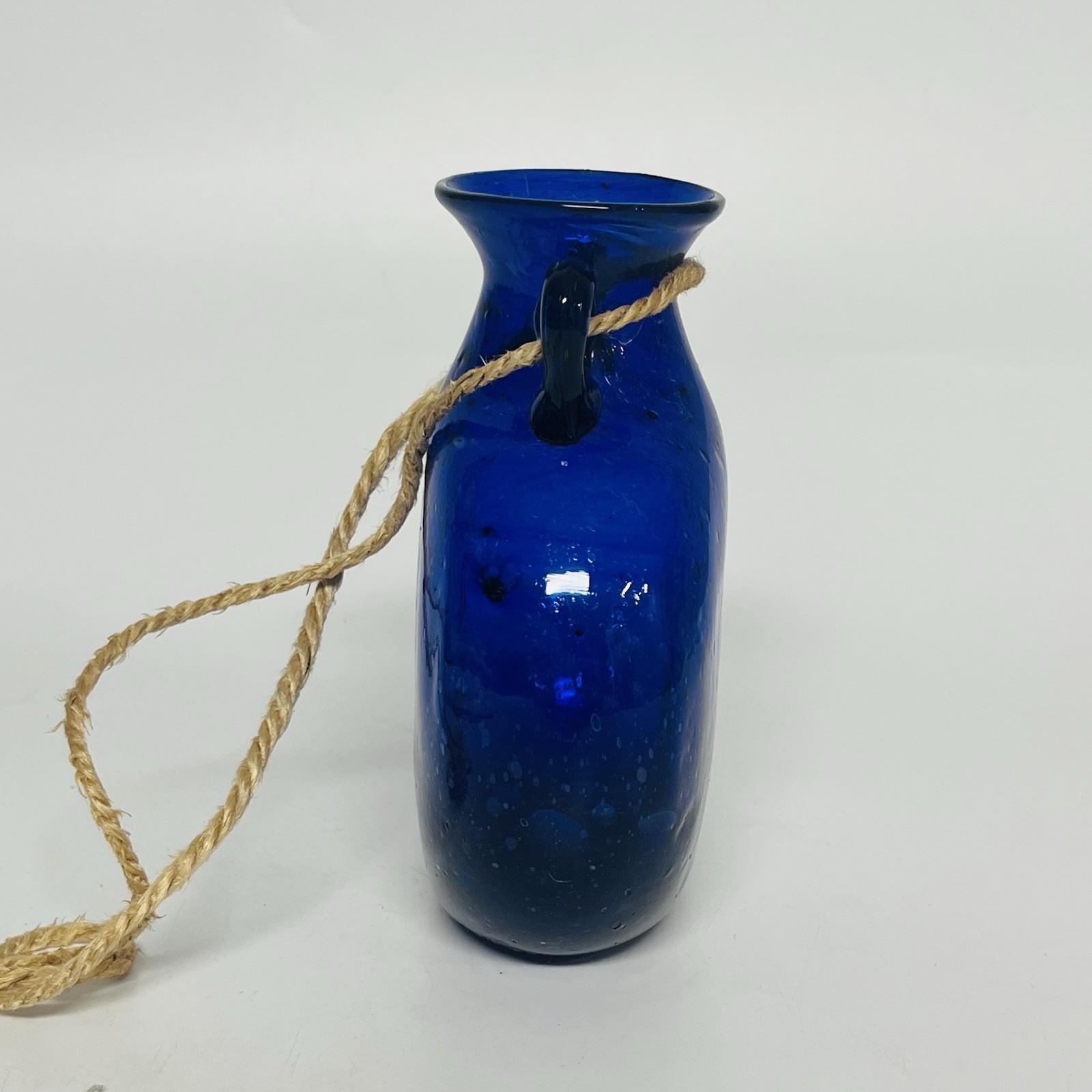 Hand Blown Blue Glass Hanging Vase Suspendable Art Made In Egypt Vintage 5 1/2″T