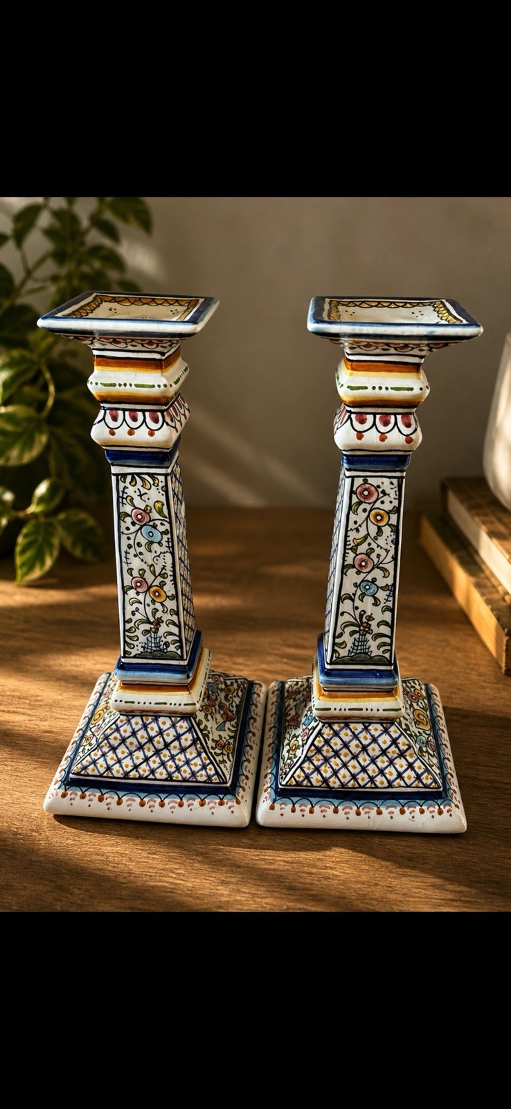 Coimbra Portugal/ Hand Painted Candlesticks /Pair XVII Floral Ceramic/mint