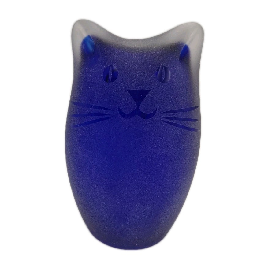 Vintage Art Glass Cat Sculpture Signed Janette Kennedy Cobalt Blue Frosted