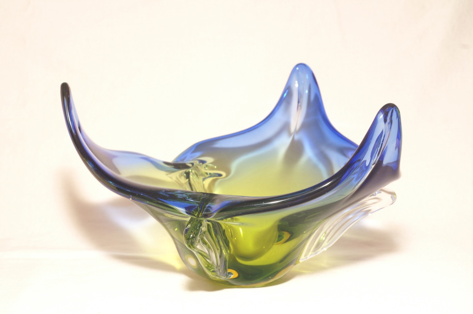 Chribska Glassworks Bohemian Uranium Green Blue Triangle Flower Bowl UV Glow