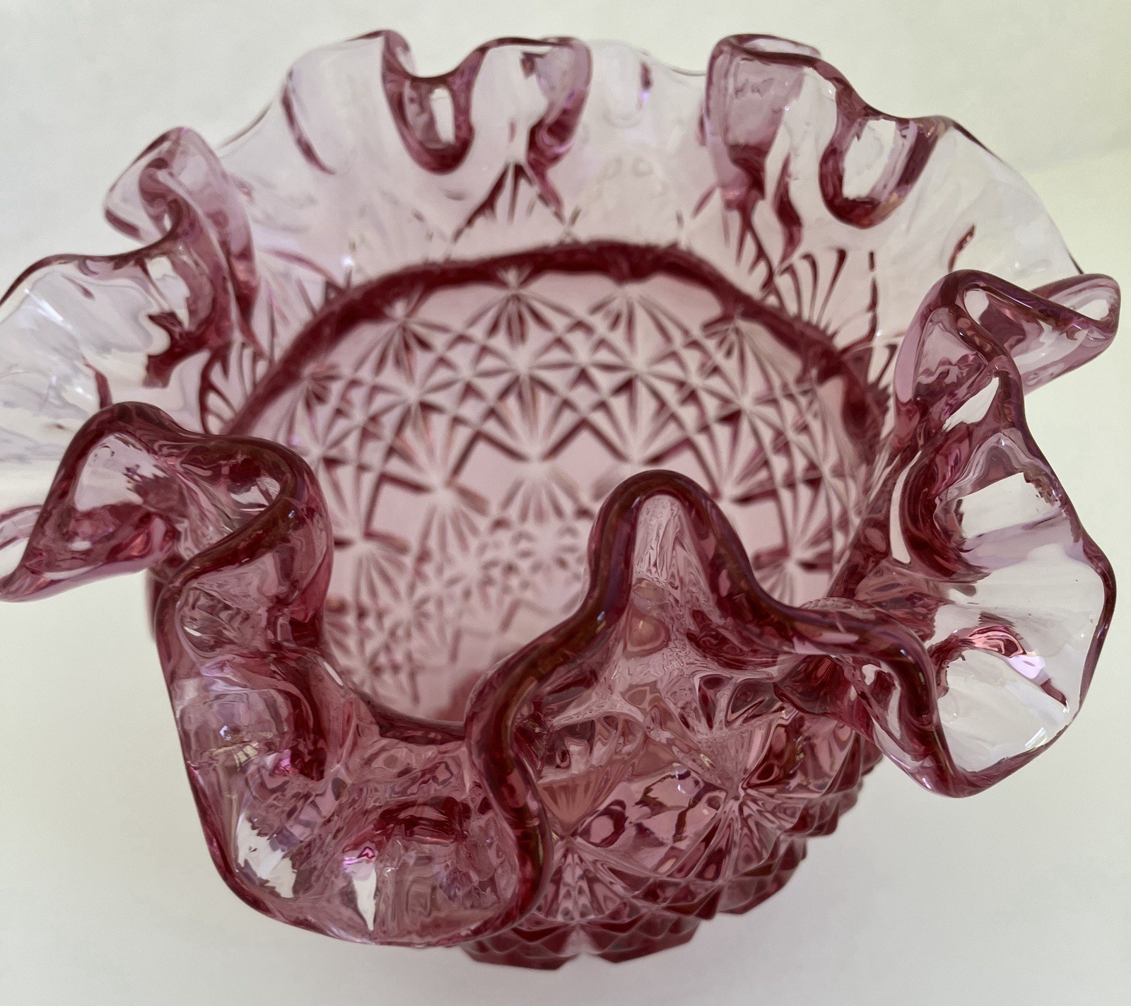 Fenton Glass Vase Vintage 1980’s Cranberry Ruffled Rim Diamond Star Pattern