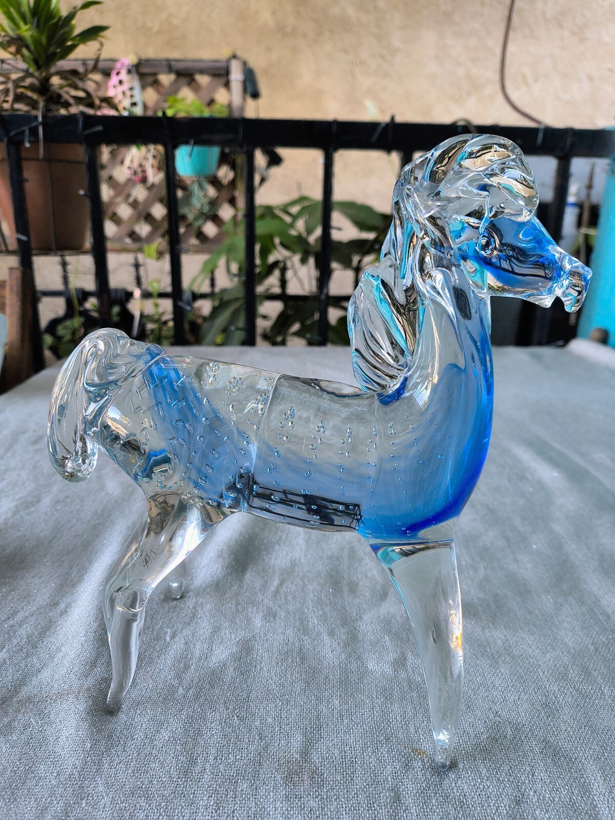 Vintage Handblown Clear and Blue Bubble Glass Horse Figurine