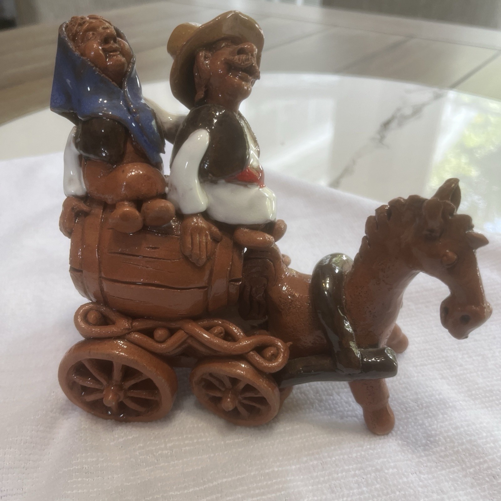 Clay Pottery Ceramic Figurine Man Pulling a Barrel wagon elderly man & women