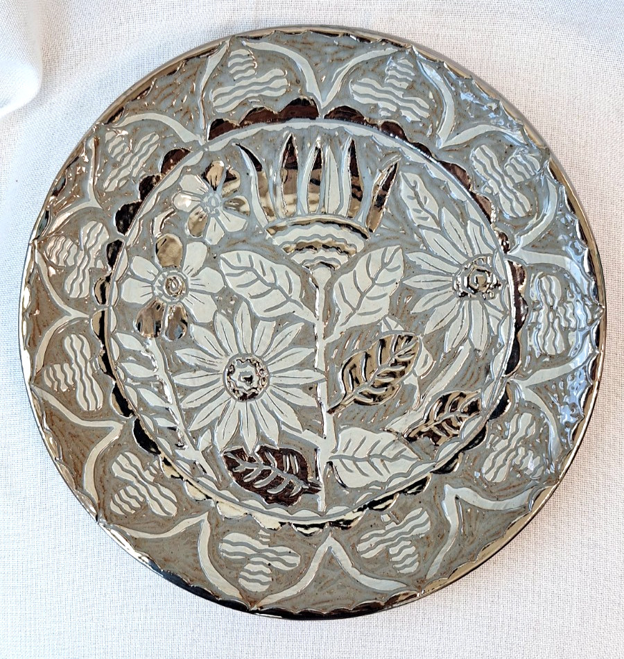 Art Pottery Florals Silver & Gray Plate 13″ Round Platter Susan Gallagher OOAK