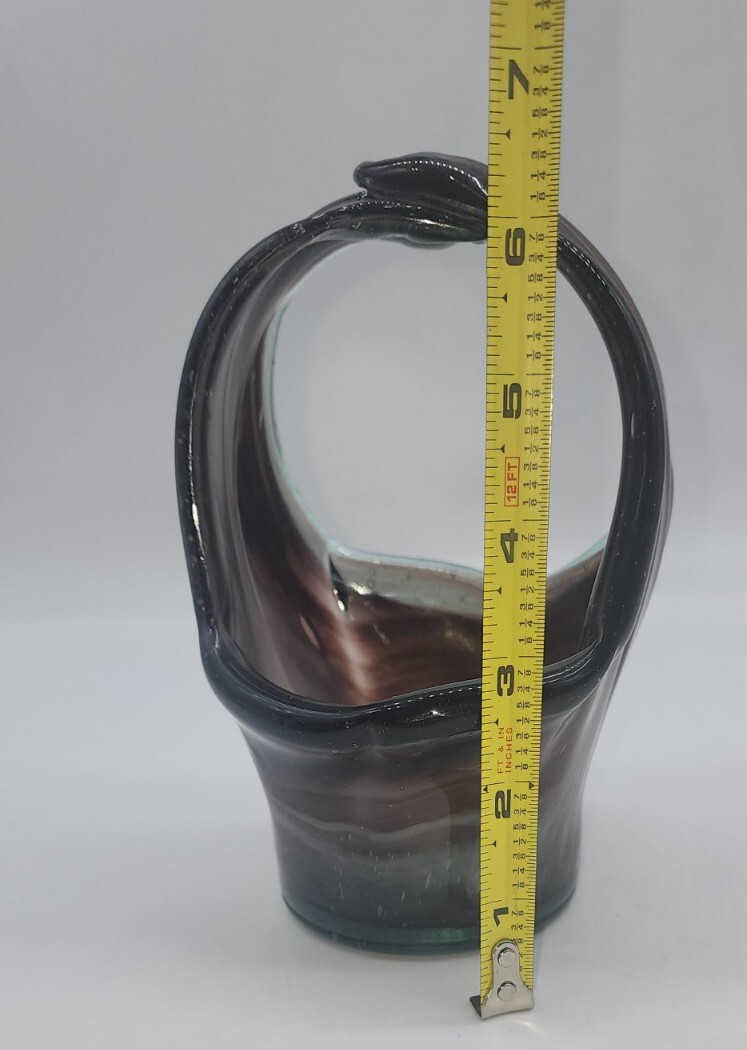 Murano Style Handblown Split Handled Amethyst Slag Swirled Glass Basket