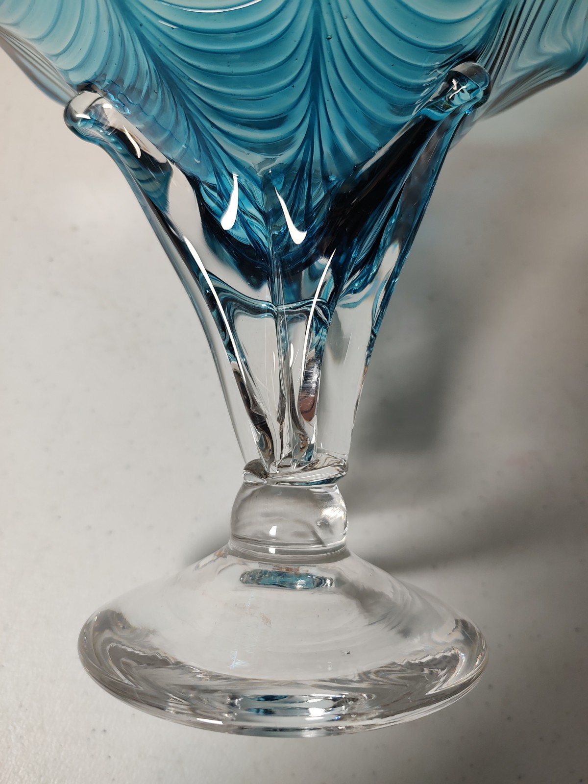 Hand-Blown Signed PGW 1/02 Art Glass Vase Compote Teal Blue with Clear Glass