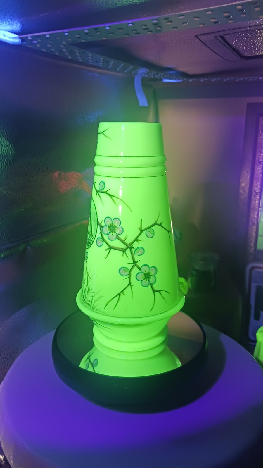 Mt Washington Smith Bros Opalware URANIUM Glass Paint Bird & Blossom Vase