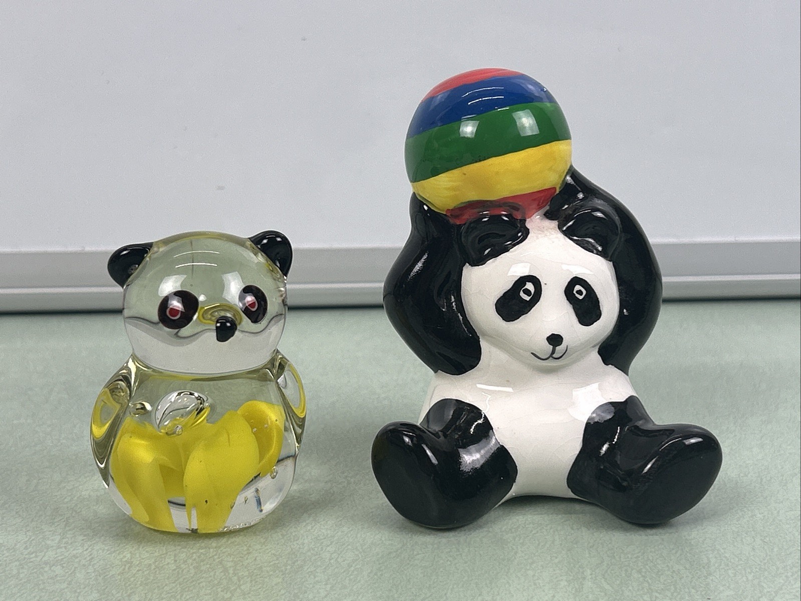 Panda Figure Figurine Statue Lot Omnibus 1984 & Hand Blown Glass Art Paperweight