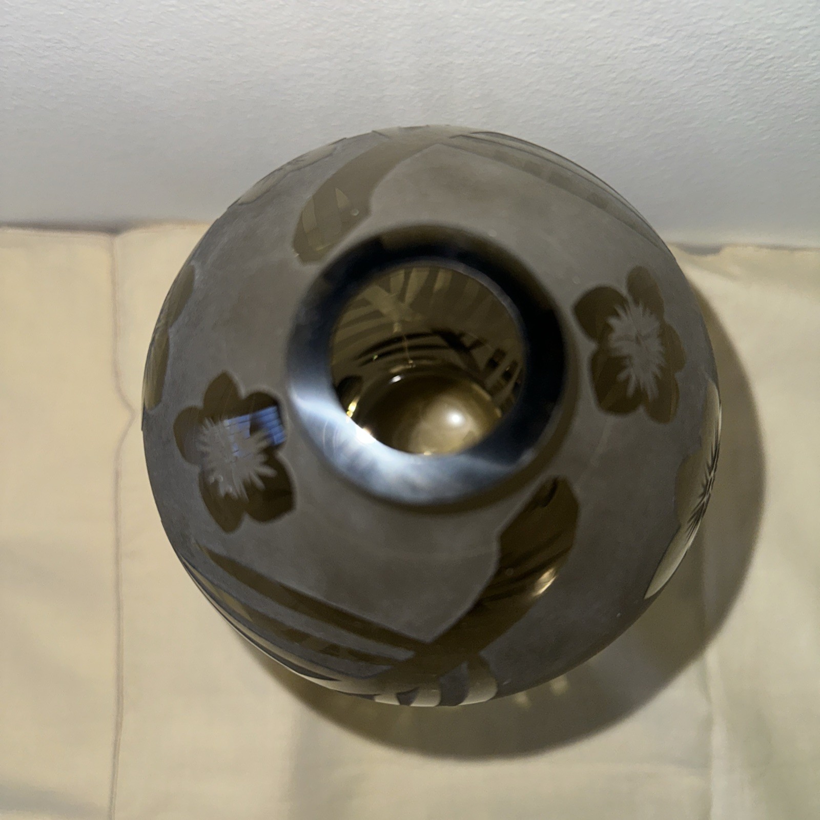 2007 Michael Weems Acid Etched Glass Vase 8”- Gray- Floral Pattern