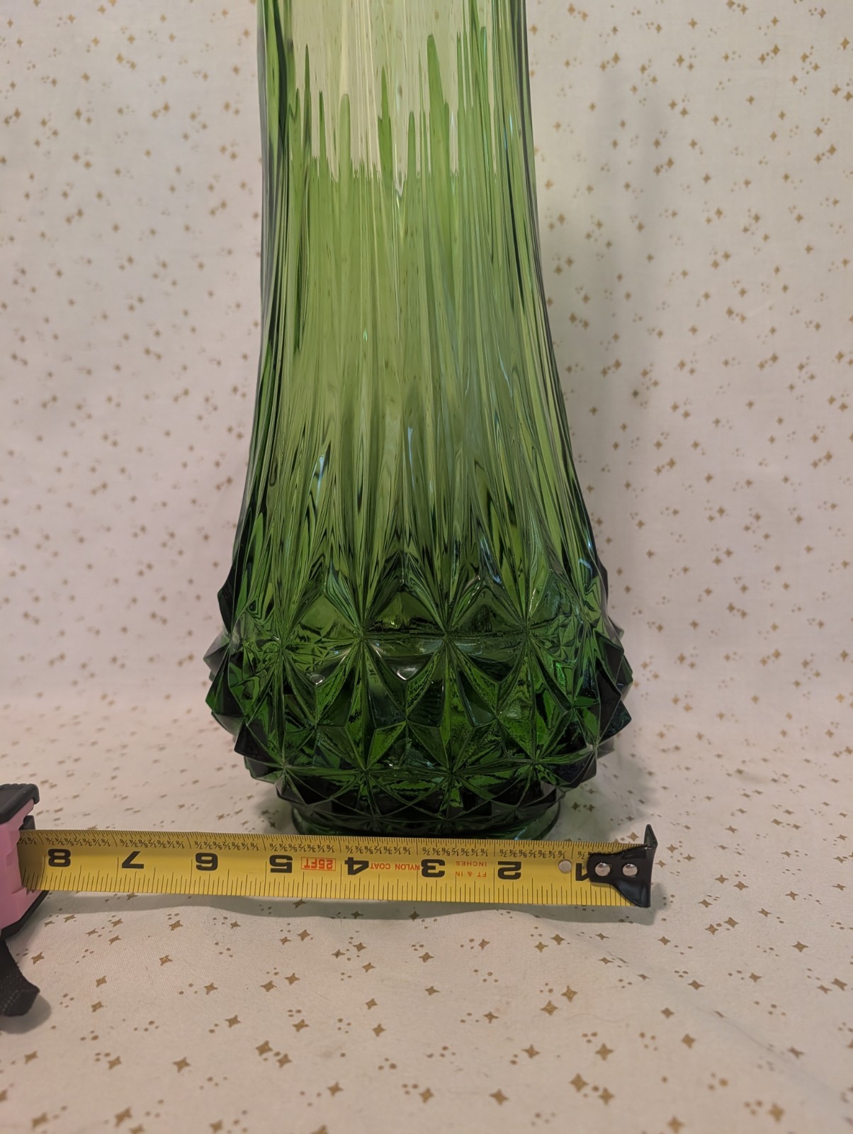 L.E. Smith Diamond Butt Swung Vase Avocado Green 22” MCM Glass